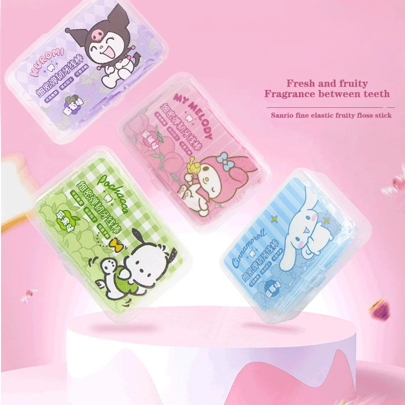 50szt Sanrio Floss Toothpick Set Colorful Fruit Flavor Dental Floss Pick Przenośna wykałaczka Floss Teeth Cleaner ze schowkiem