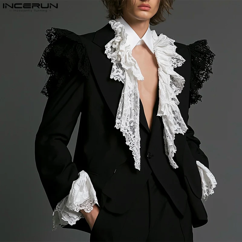 INCERUN New Men Clothing Fashionable Agaric Laces Contrast Suit Coat Casual Clubwear Male Personality Long Sleeved Blazer S-5XL