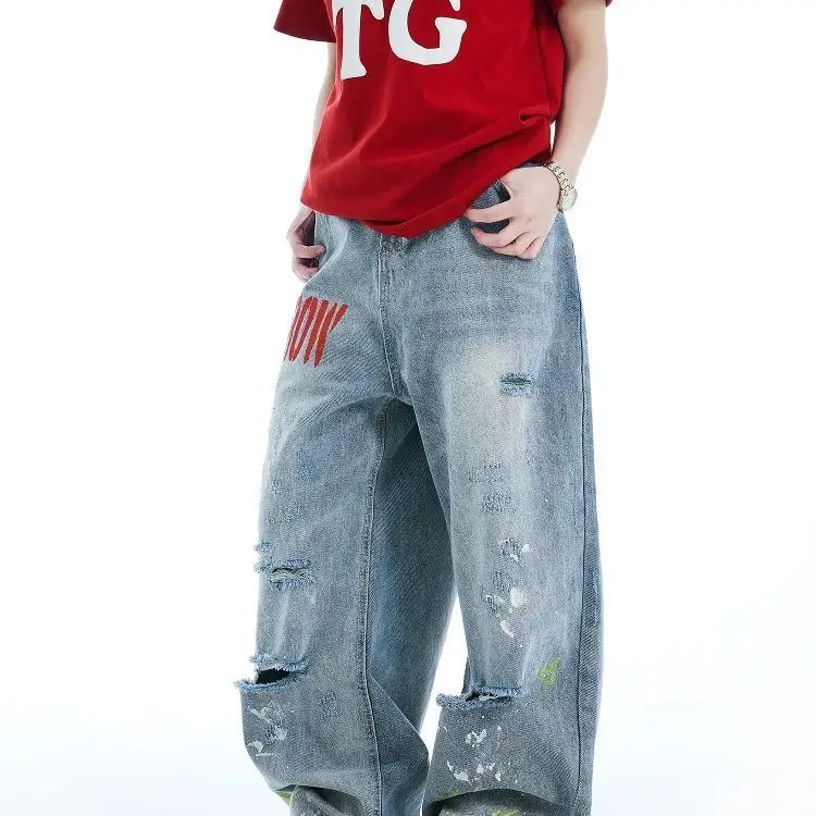 

Рваные джинсы в европейском и американском стиле в уличном стиле в стиле ретро, модные свободные широкие брюки для пар для мужчин и женщин