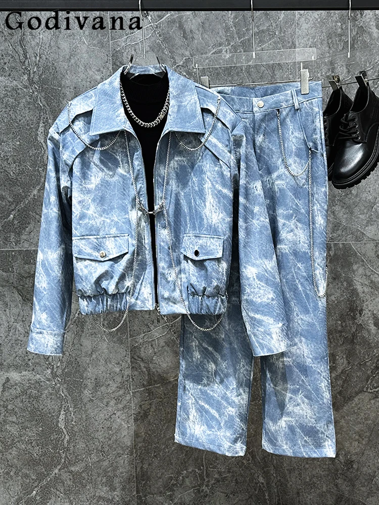 

Autumn Heavy Industry Chain Leather Jacket High Street Fashion Jacket Handsome Versatile Loose Blue Trousers Men Two-piece Sets
