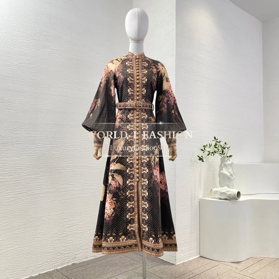 

Pure Linen High Quality Latest New 2025 Black Floral Print Lantern Sleeve Belted Elegant Women Vacation Midi Dress