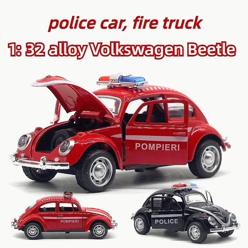 Coche de policía Volkswagen Beetle de aleación 1:32, camión de bomberos, modelo de coche regenerativo, juguete para niños, regalo de cumpleaños