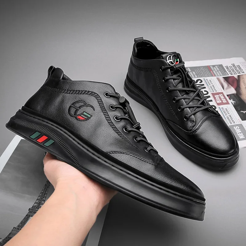 Black Casual Leather Shoes For Men Waterproof Breathable Anti-slip Cross-border Chef Shoes Sports Board Shoes Kitchen Work Shoes