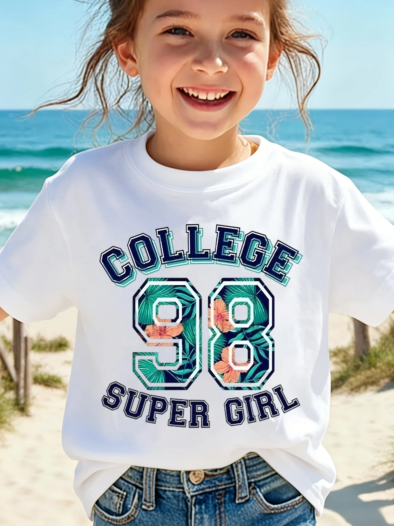 Kids Boys Girls Matching Tee College 98 Super Girl Tropical Floral Letter Graphic Short Sleeve Crew Neck Toddler Summer Outfit