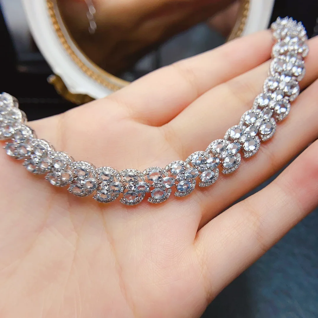 

Natural Aquamarine Tennis Bracelet 3x4mm Oval Cut S925 Silver with CZ Accent Cluster Adjustable Statement Bracelet for Women
