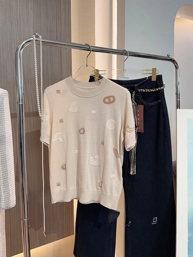 

Early Spring Faionable Wool Knitted Top ort Sve Women's T-irt Pig Nose Embroidery Casual Sle Chinese Made