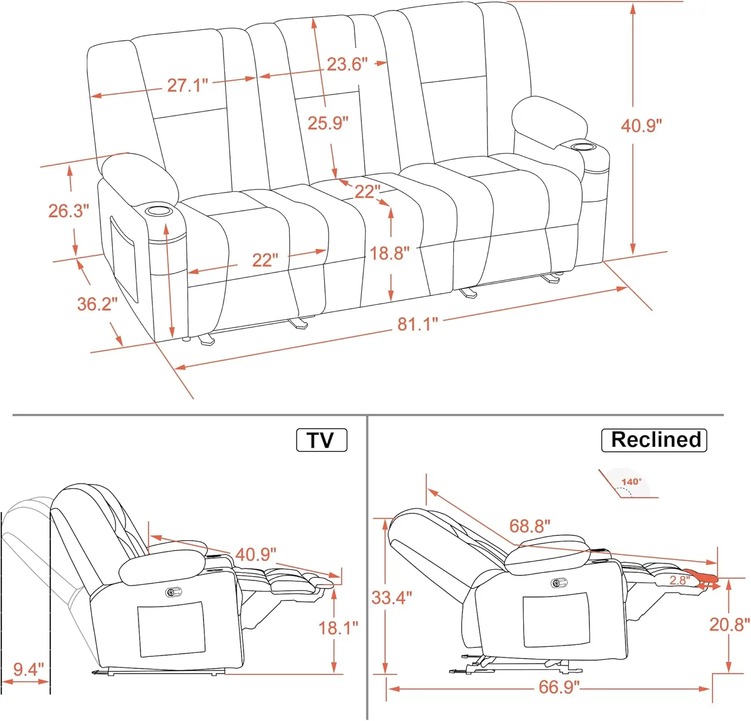 Power Reclining Sofa with Heat and Vibration USB Ports Cup Holders 3 Seat Dual Recliner Sofa for Living Room Gray