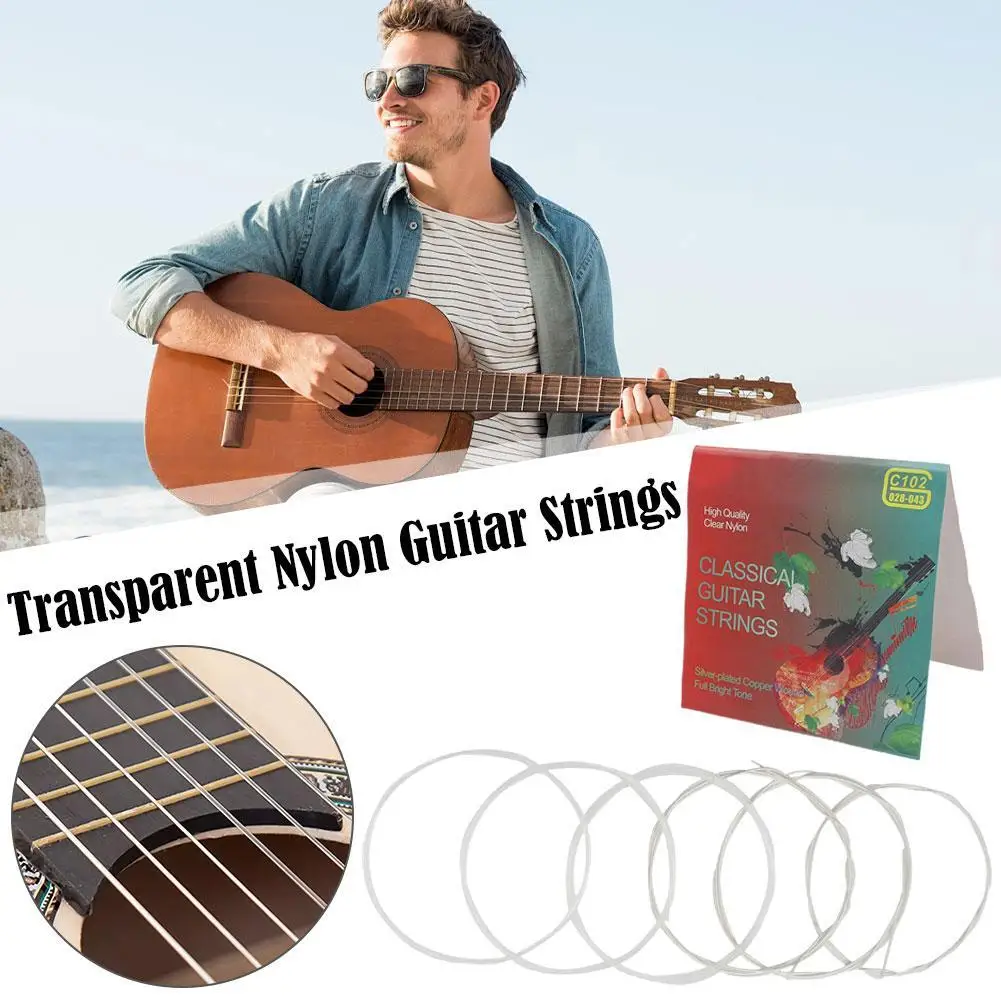 6 Pcs/set Guitar String Nylon Silver String Set Classic Guitar String Replacement Parts Sturdy C102 Transparent Metal String