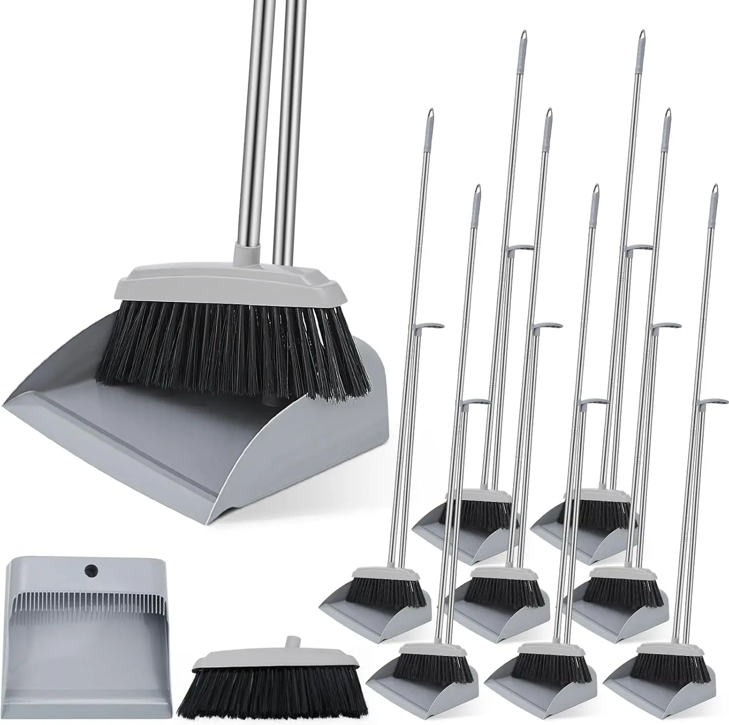 

8-Piece Broom and Dustpan Set with Long Handle and Stand for Home, Office, Kitchen Floor Cleaning