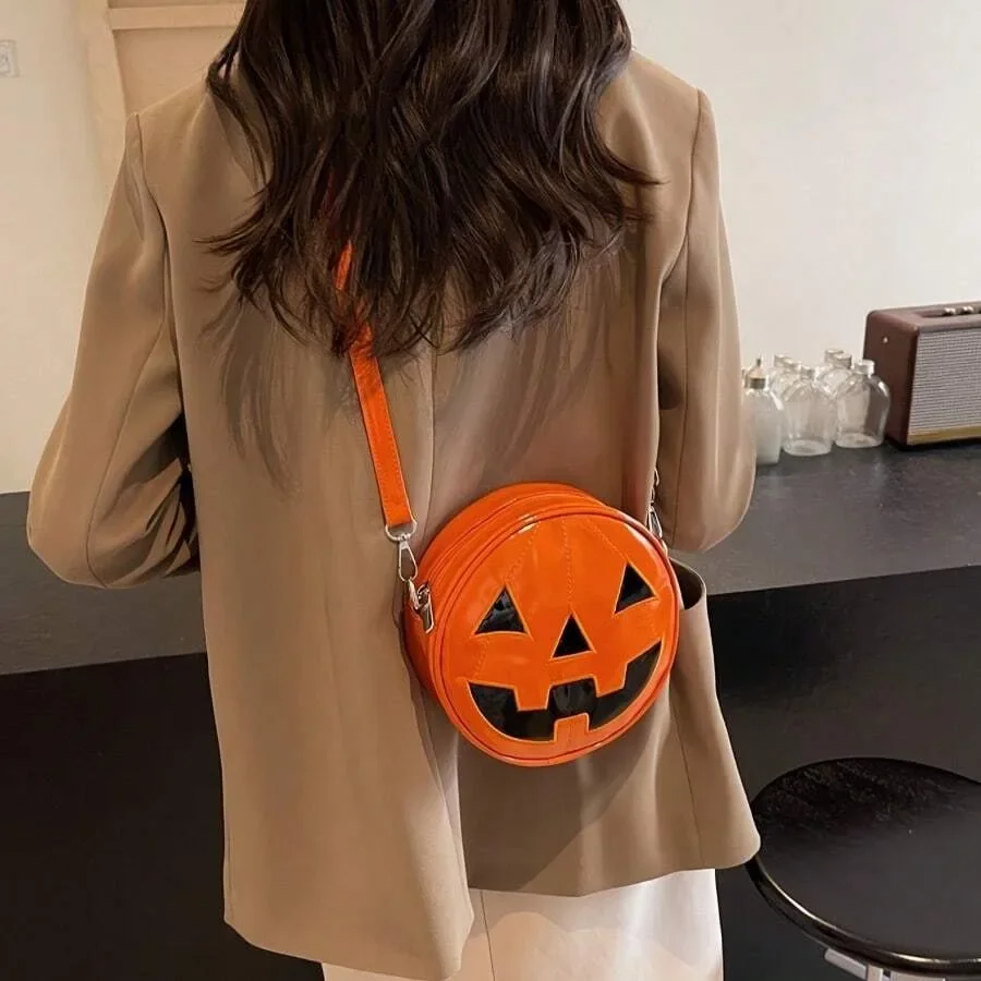 Glossy PU Cartoon Pumpkin Face Round Crossbody Bag, 3 Colors, Cute Mini Shoulder Purse For Halloween Party Decor