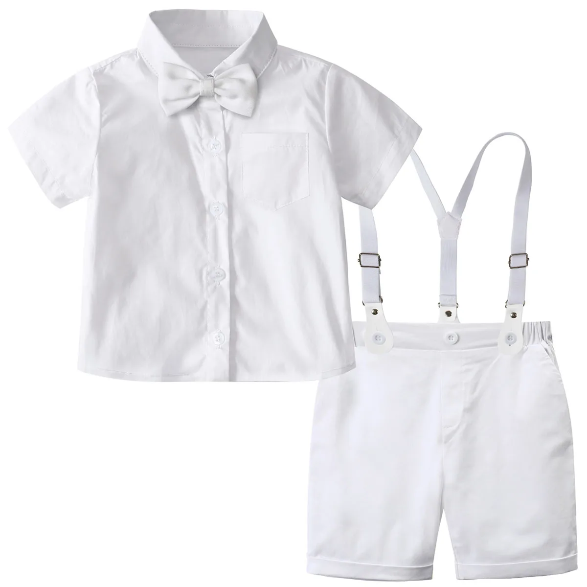 Toddler Baby Boy Clothing Set White Christening Outfits Kids Wedding Clothes Short Sleeve Shirt+Suspender Shorts 2PCS