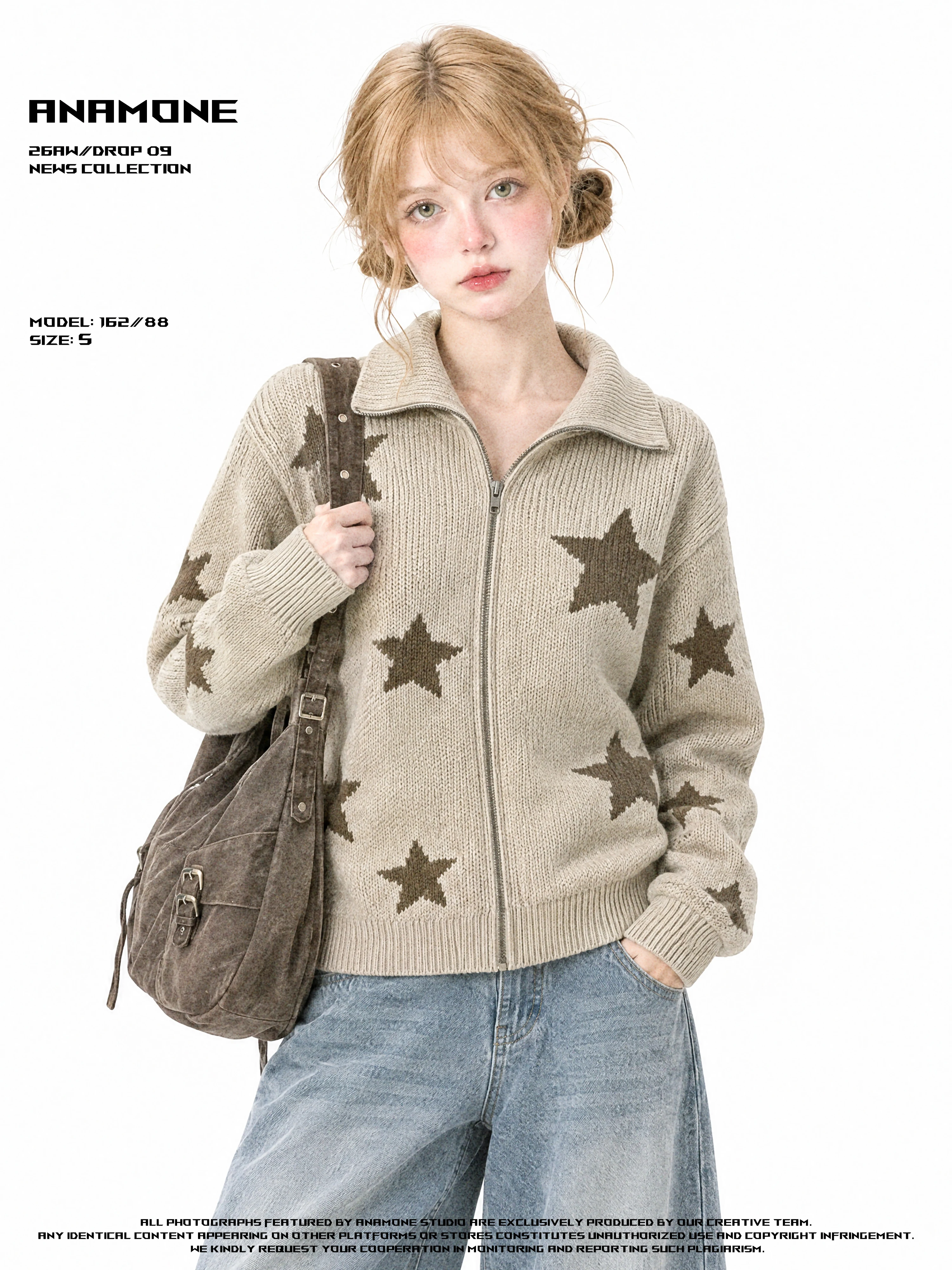 ANAMONE Anti-Ball American Star Zipper Knitted Open Cardigan Women's Autumn Winter Loose Retro Collar Sweater Jacket