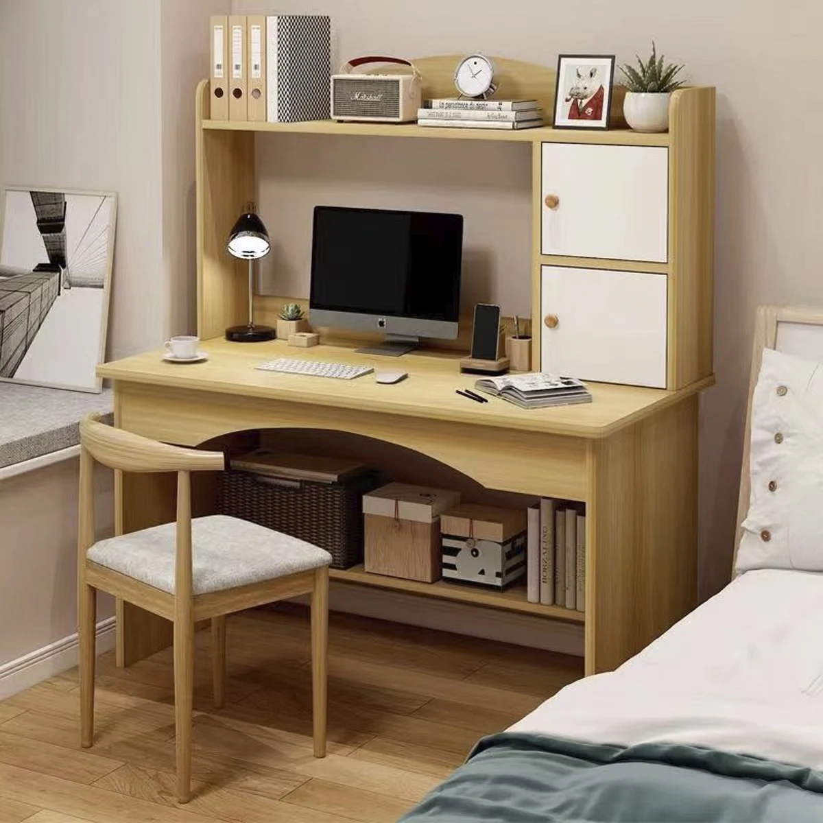 مكتب كمبيوتر خشبي، باب خزانة مزدوج مع رف تخزين، طاولة دراسة بتصميم بسيط، ديكور منزلي لغرفة النوم وغرفة الكتب #4