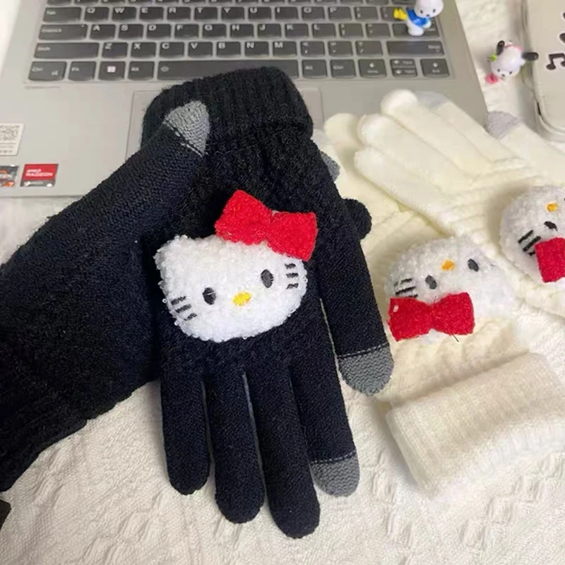 

Sanrio HelloKitty Knit Winter Warm Gloves Thickened For Students Holiday Gifts Cold-Proof Riding Gloves