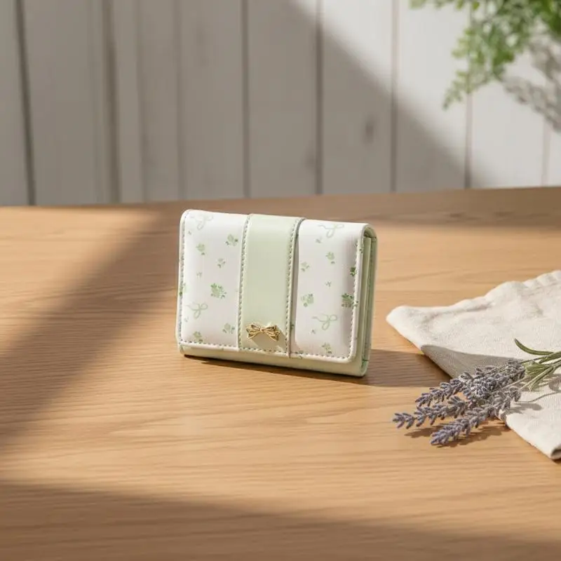 Floral Print Small Faux Leather Wallet Gold Bow Decor Multiple Card Slots for Short Trip Casual Daily Use
