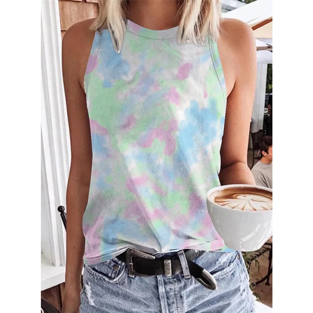 Summer Fashion Colorful Tie Dye 3D Print Tank Tops Women Streetwear Oversized O-Neck Vest Off Shoulder Sleeveless Woman Camisole