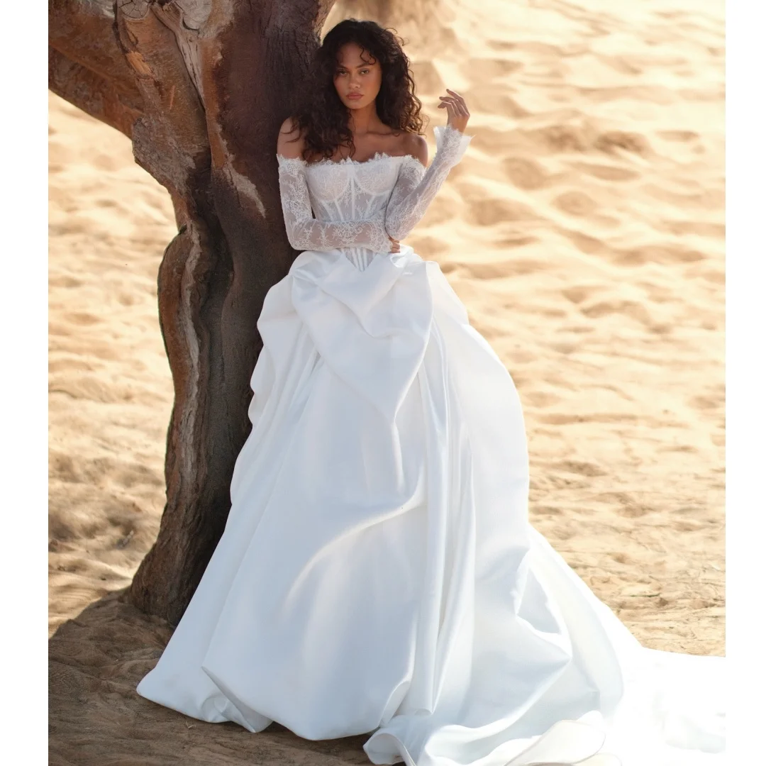 

White Long Sleeves Wedding Dresses Off the Shoulder Satin Draped Bridal Gown Lace Bodice Elegant robe de mariée Customized
