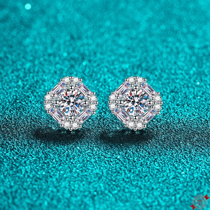 1.47 ct Moissanite S925 Silver Stud Earrings for Women Plated Pt950 Lover Gift Square Ear Studs Jewelry Wholesale