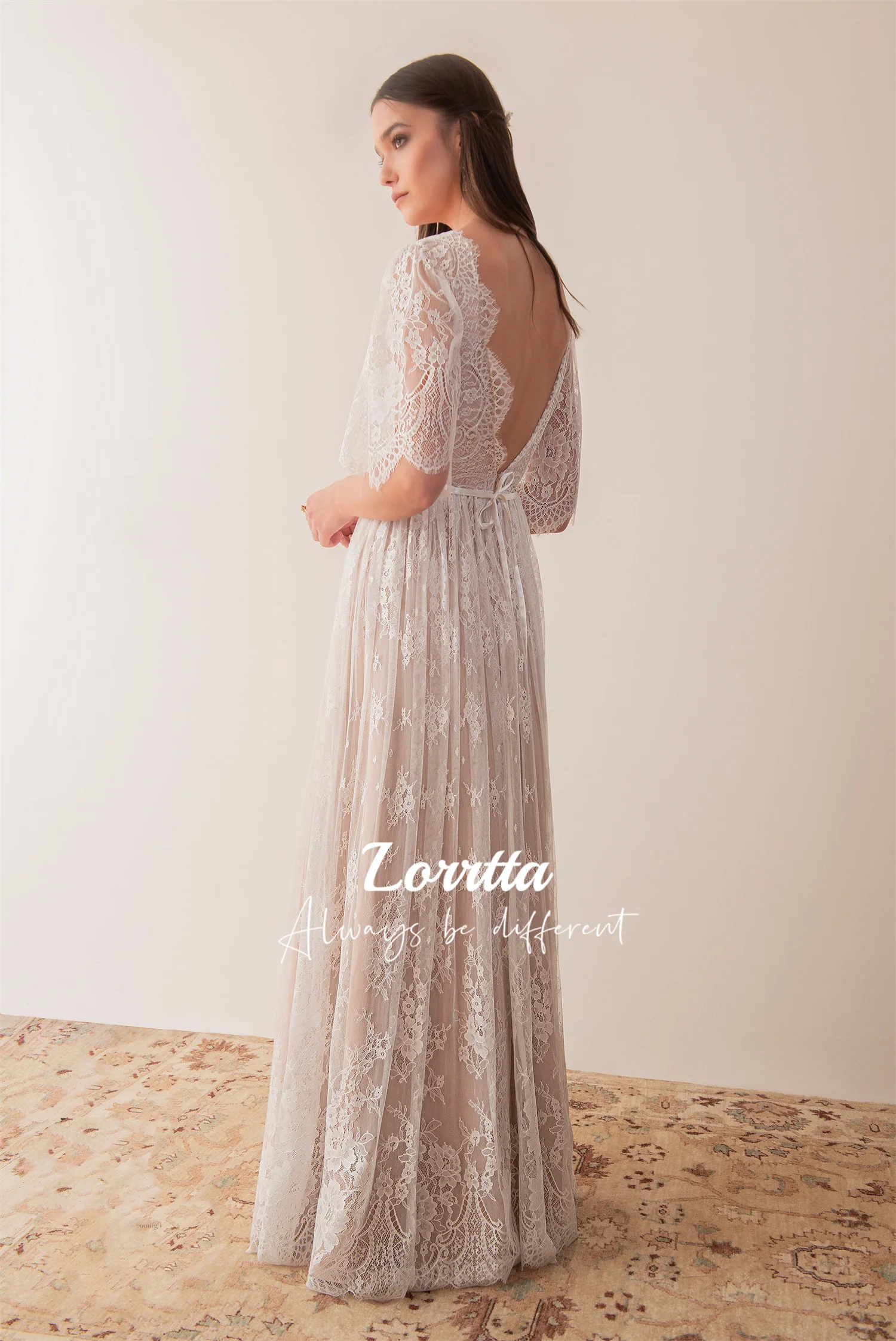 Lorrtta Lace A Line Wedding Dress Half Sleeve Wedding Dress V Neck Backless Bridal Gown Gala Dresses Woman Long Evening Women's