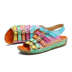 Socofy Raffan Luxury Summer Genuine Leather Hand Scuffed Belt Buckle Clash Colour Comfort Flat Sandals