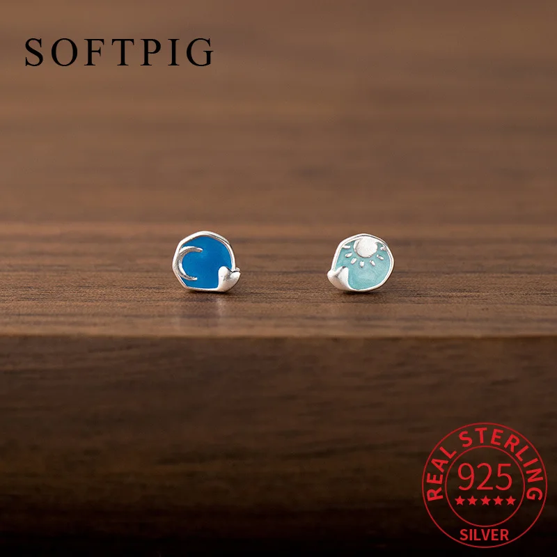

SOFTPIG Real 925 Sterling Silver Love and Starry Sky Asymmetric Stud Earrings for Women Party Classic Fine Jewelry Accessories