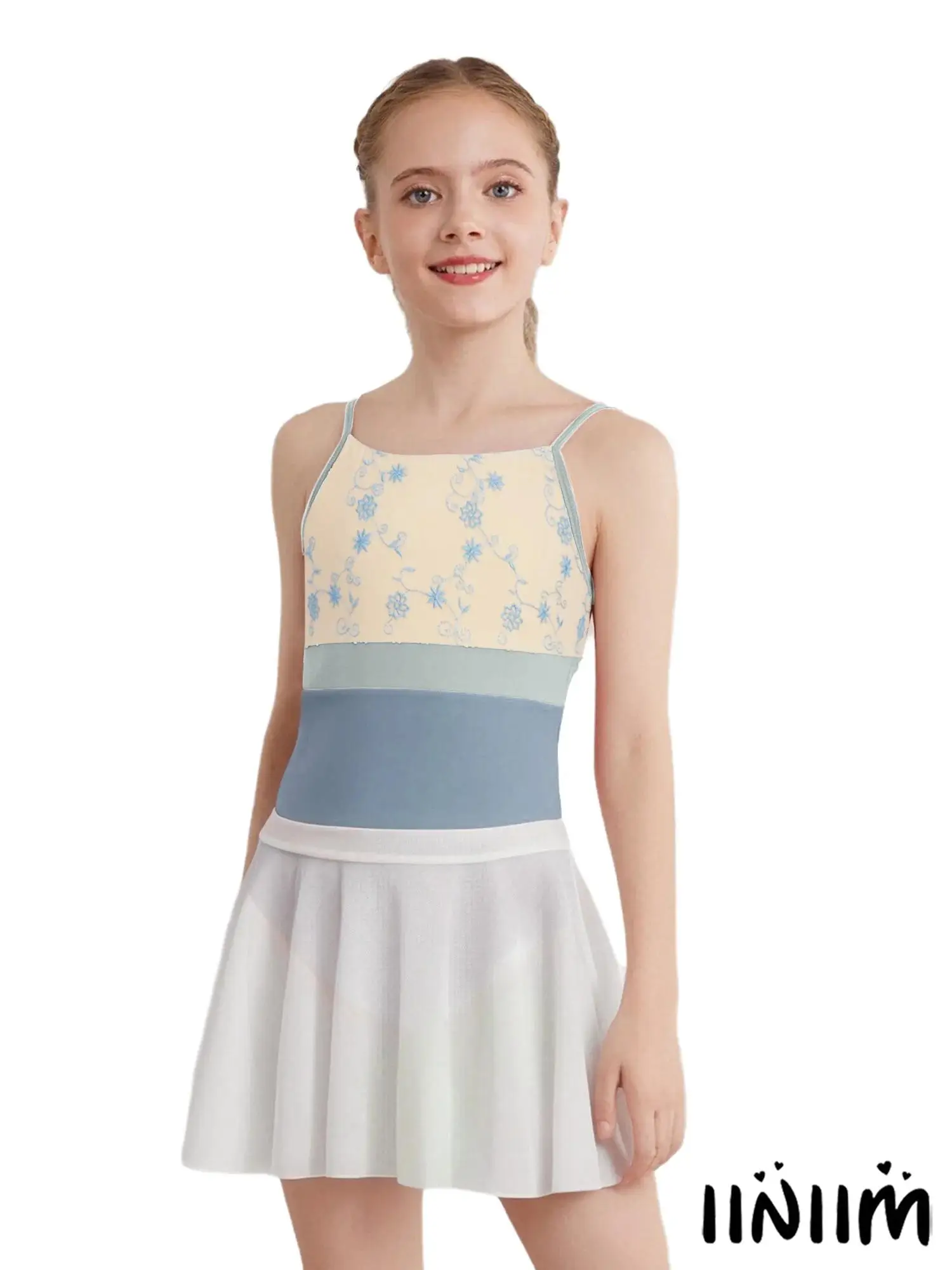 

Kids ‌Girls Ballet Dance Leotard Outfits with Mesh Skirt Floral Embroidery Sleeveless for Lyrical Dance Performance 2-Piece
