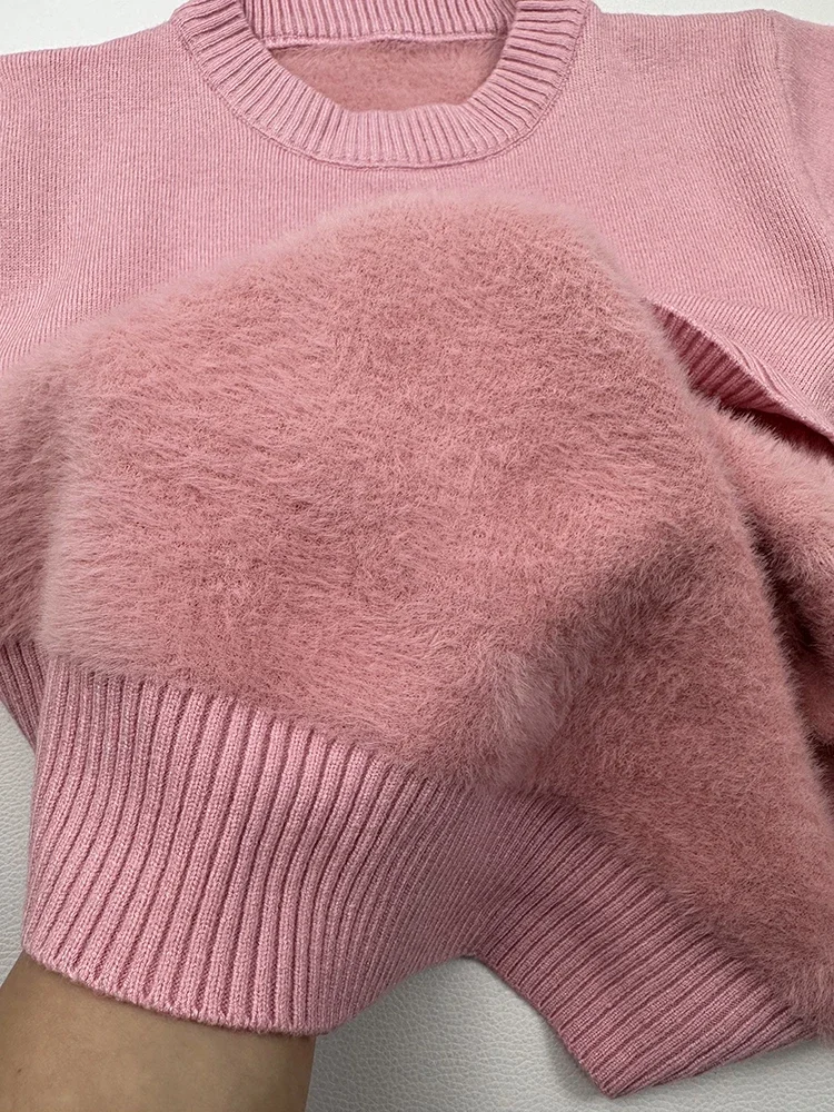 Pink Winter Sweater Women Thicken Warm Knit Pullover Soft Plush Fleece Lined Sueter O-neck Malhas Tops New Slim Knitwear Jersey