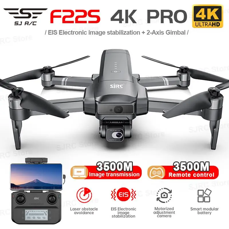 SJRC-Dron F22S Pro 4K FPV GPS Pro, 10 Km, 2-axis, Universal Joint, HigH-definition 5G Camera, WiFi, Brushless, Four-wheel Drive,