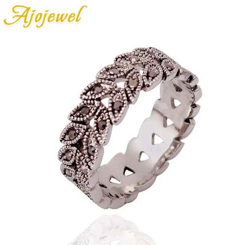 Ajojewel Size 7-9 Women's Wheat Grain Ring Black Rhinestone Vintage Stylish Jewelry Gift