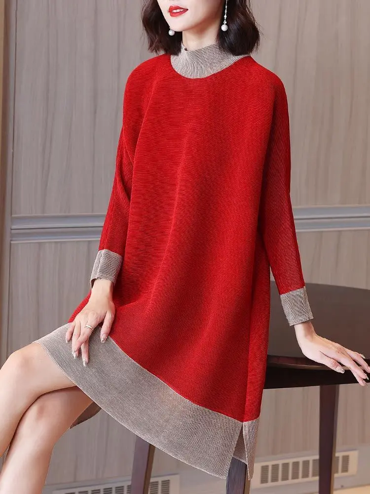 Casual pleated contrast color half-high neck dress women loose split long-sleeved belly show fashionable high-end dress female