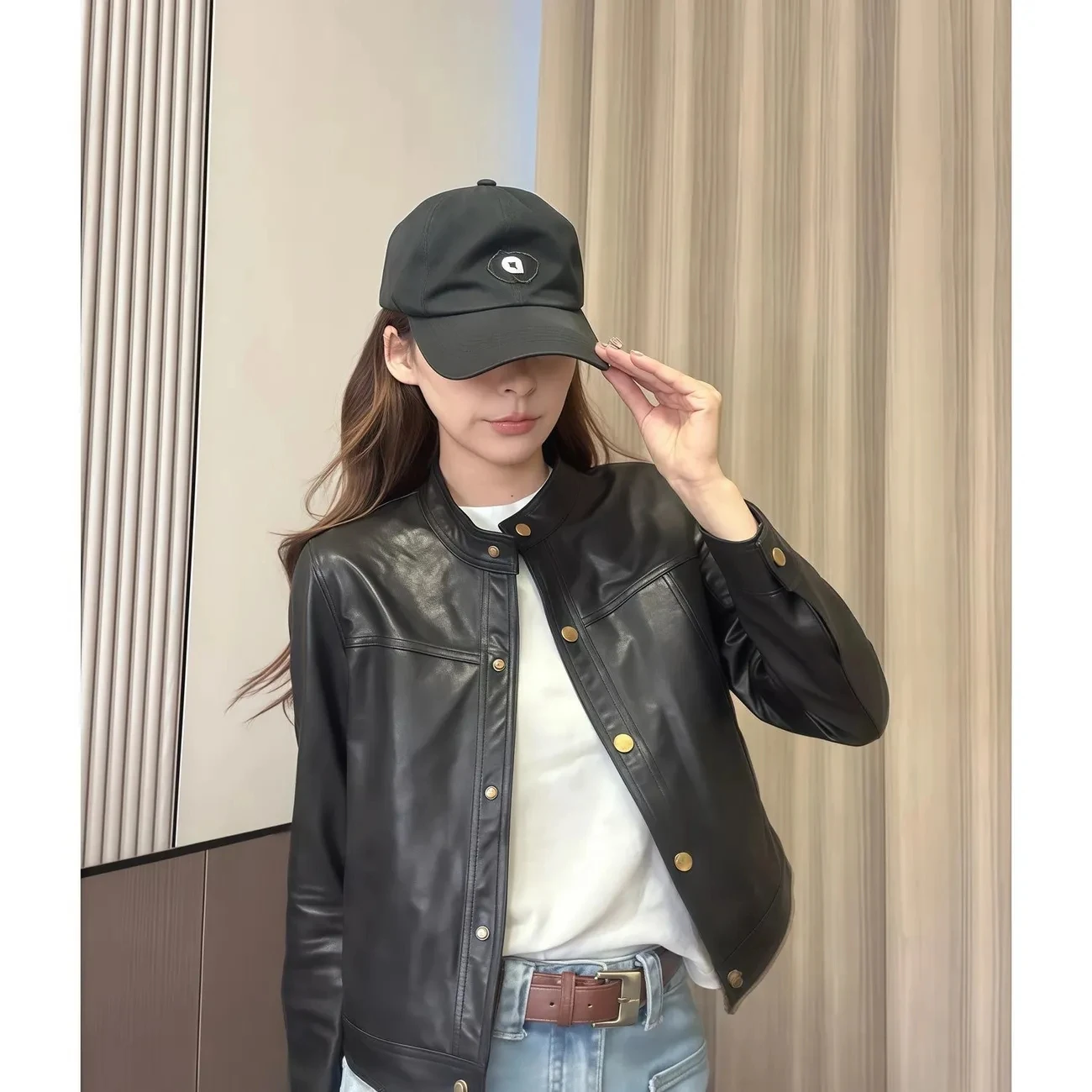 2025年春新作 レトロ風シンプルファッション 長袖高級レザージャケット レディース ニッチデザイン トップス