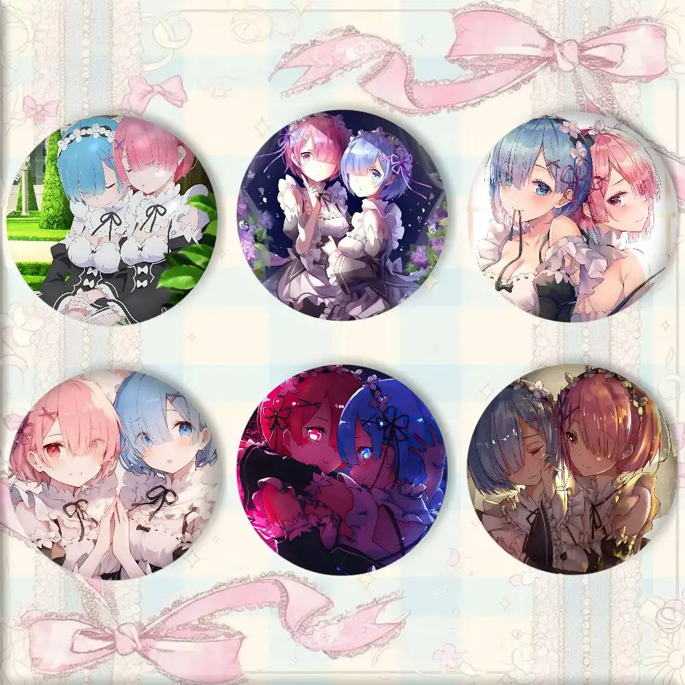 Anime Characters R-Re Z-Zero R-Rem and R-Ram Badge Tinplate Round Laser Brooch Clothes Backpack Accessories Lapel