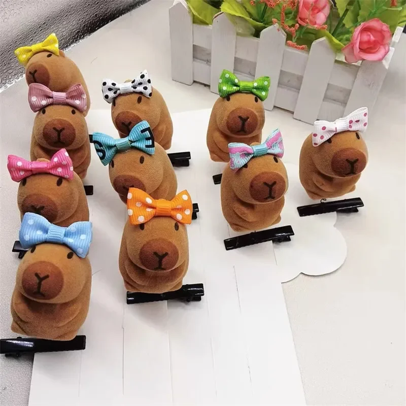 10PCS Kawaii Hair Clip Fashion Children Bow 3D Capybara Animal Plush Hairpin Funny Style Duckbill Clips Headdress Gifts