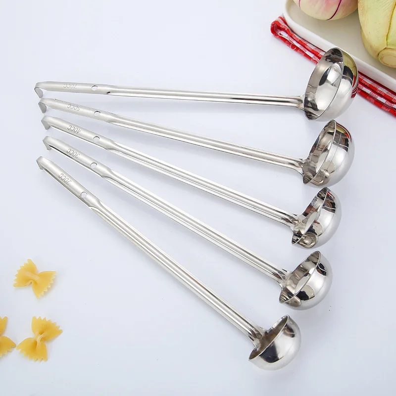 

Stainless Steel Long-handled Soup Spoon with Hook Anti-scalding Quantitative Spoons Multifunctional Multi-size Kitchen Utensils