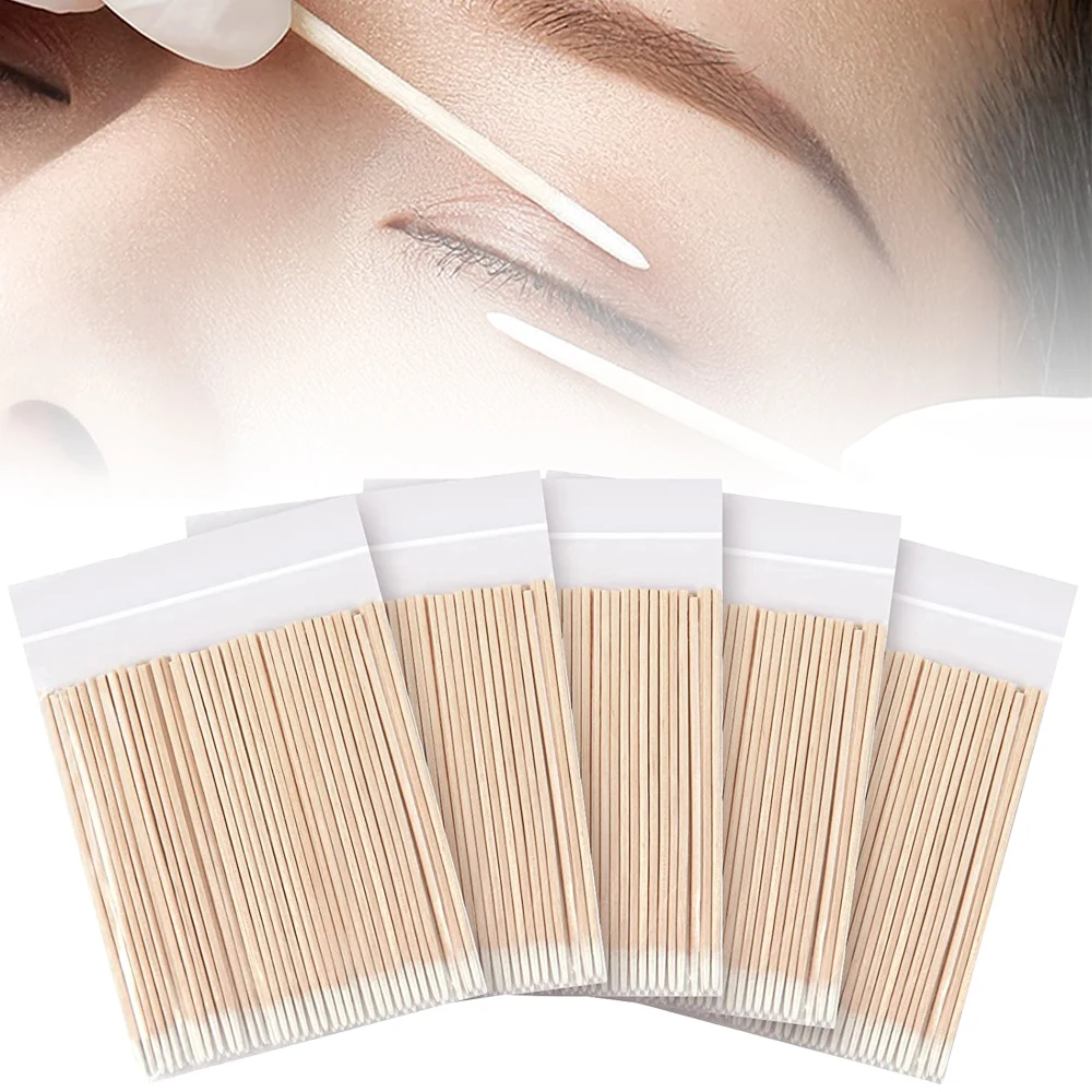 500/1000pcs Wood Cotton Swab Cleaning Microbrush Eyelash Cotton Thin Sticks Buds Tip Nails Ear Toothpick Makeup Glue Removing