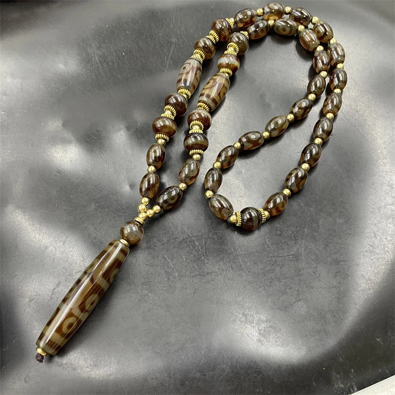 Translucent and lustrous nine-eye sweater chain, large Dzi bead old agate necklace