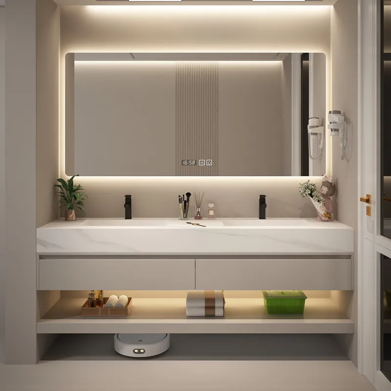 

Rock Slab Integrated Seamless Basin, Bathroom Cabinet Combined Bathroom, Double Face Plate, Bathroom Cabinet, Washstand