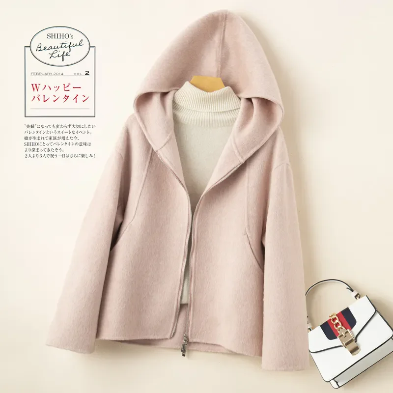 

Elegant Woolen Coat Woman 2025 Winter New Fashion Pink Hooded Short Zipper Double-Sided Wool Jacket Ladies Slim Outerwear B810