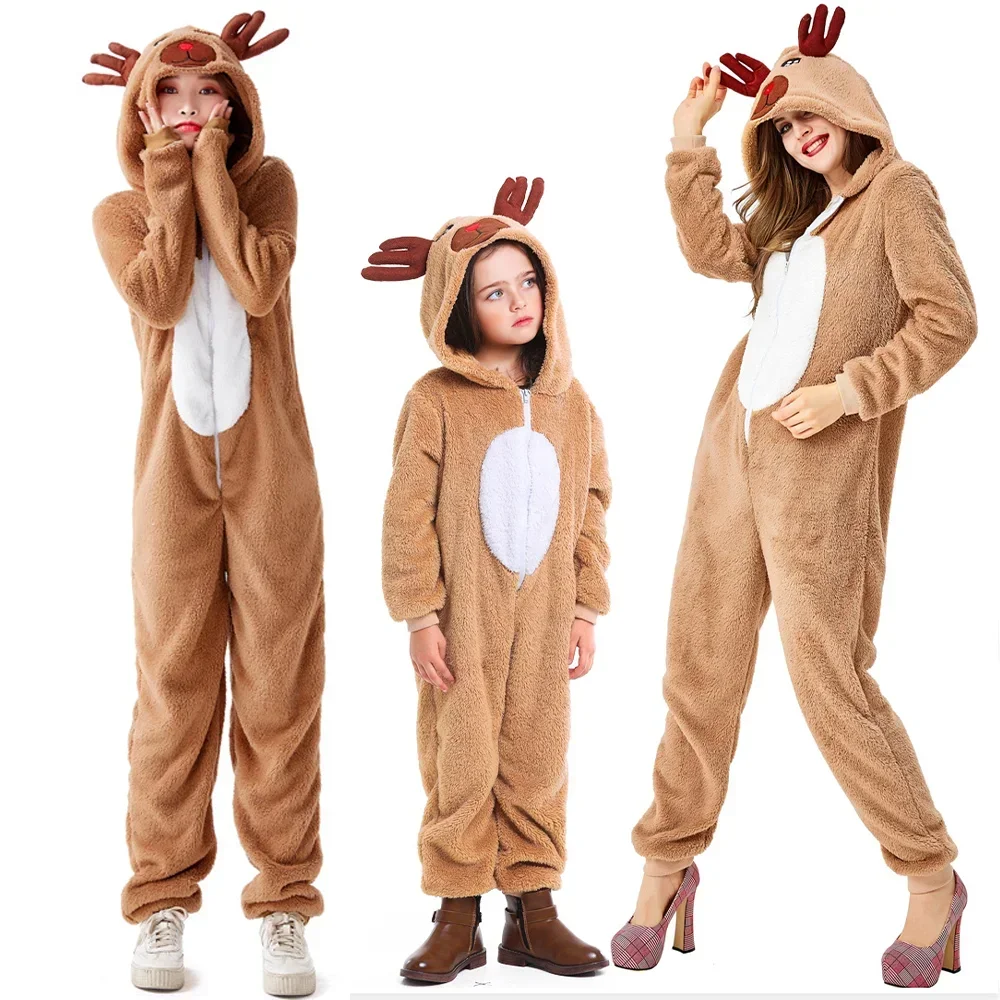 Christmas Reindeer Jumpsuits Role-playing Animal Suit Elk Coral Fleece Couple Costume Parent-child Hooded Deer Clothing Pajamas