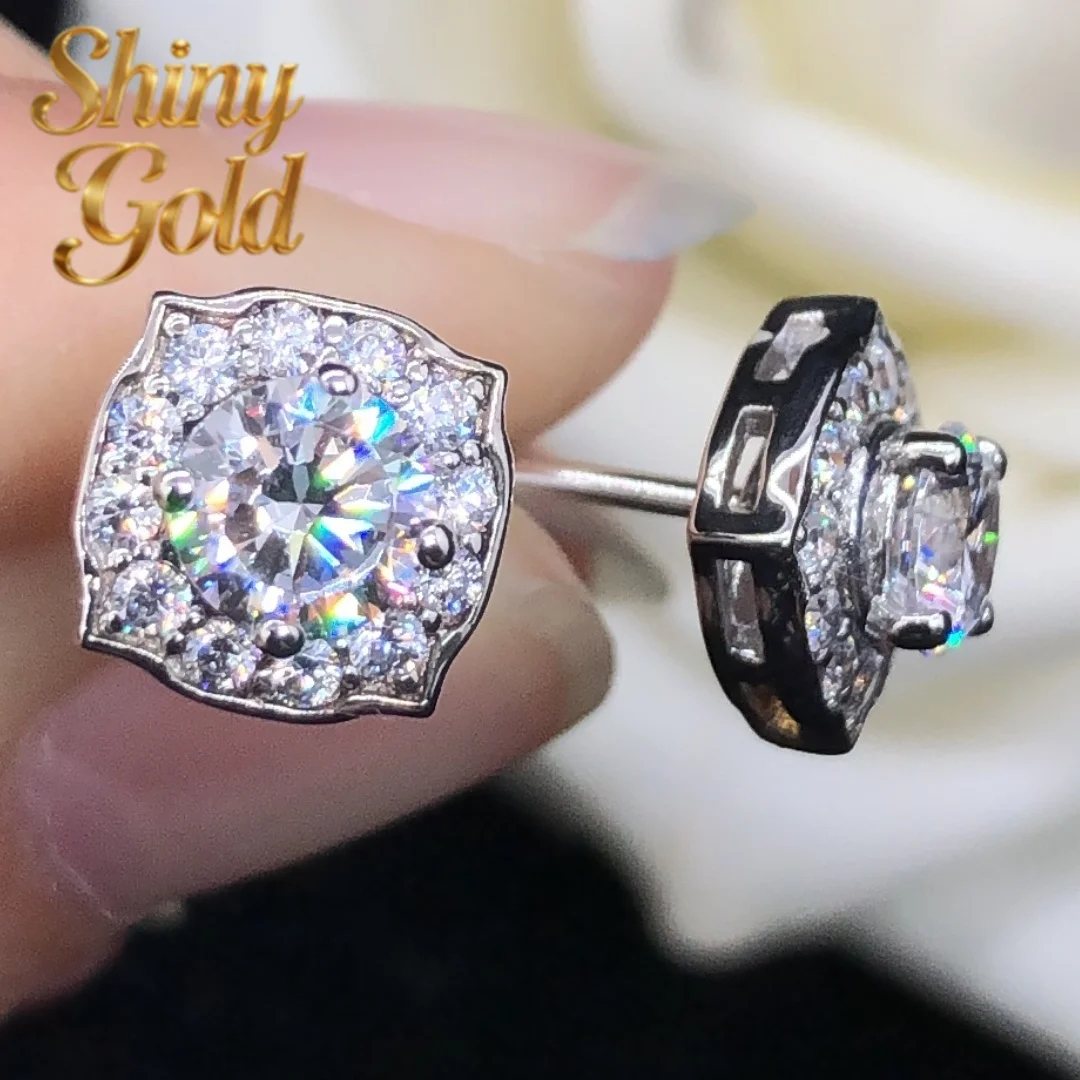 

Серьги-гвоздики ShinyGold Romantic с муассанитом 0.5 карата/шт., 5.0 мм, цвет D, VVS1, из платины PT950, свадебные, E037
