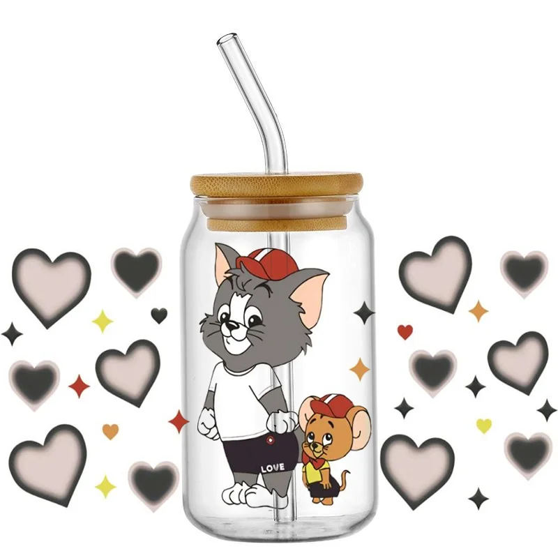 Miniso Cartoon Tom and Jerry Transfer UV DTF Cup Wrap Sticker for 160z Libbey Glasses DIY Waterproof Sticker