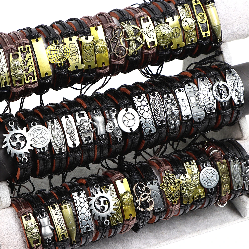 10Pcs/Lot Fashion Handmade Multi-color Braided Leather Bangle Cuff Bracelets For Women Men Mix Style Size Adjustable Jewelry