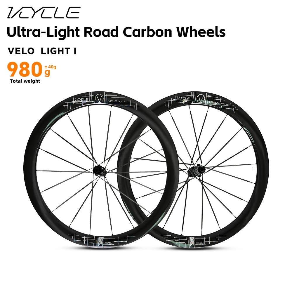 

VCYCLE LIGHT I Carbon Ultra-Light Road Wheels Carbon Spokes Ceramic Bearings 100x142mm 50mm Rim for Road Bikes Bicycles