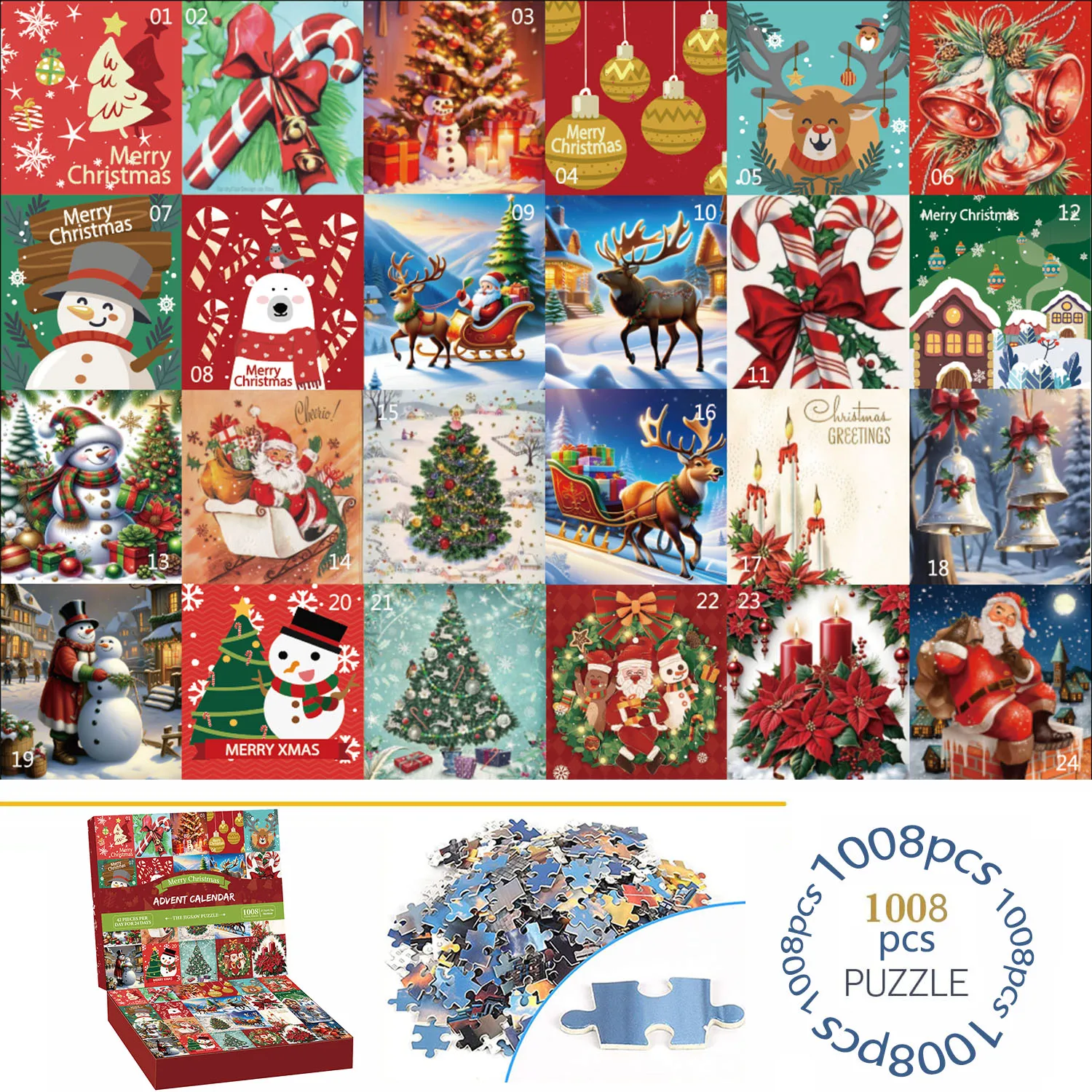 Calendrier de l'Avent Puzzles pour Adultes et Enfants, Décoration d'intérieur, Jeu, Famille, Amusant, Noël, Compte à rebours 24 jours, Jouets, 1008 pièces