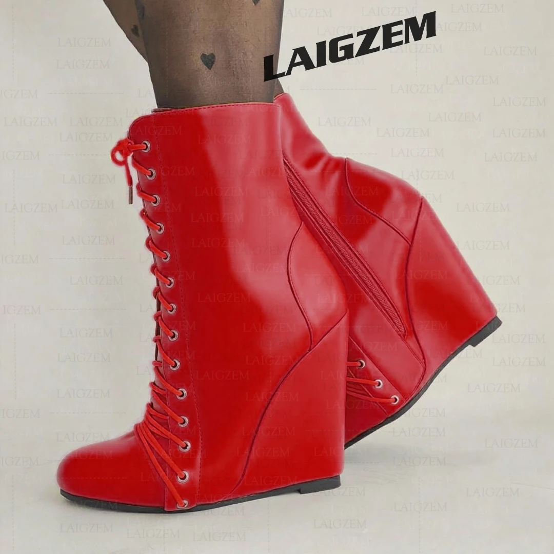 

LAIGZEM Women Ankle Boots Wedges Faux Leather High Heels Round Toe Side Zip Short Booties Ladies Shoes Woman Big Size 38 45 52