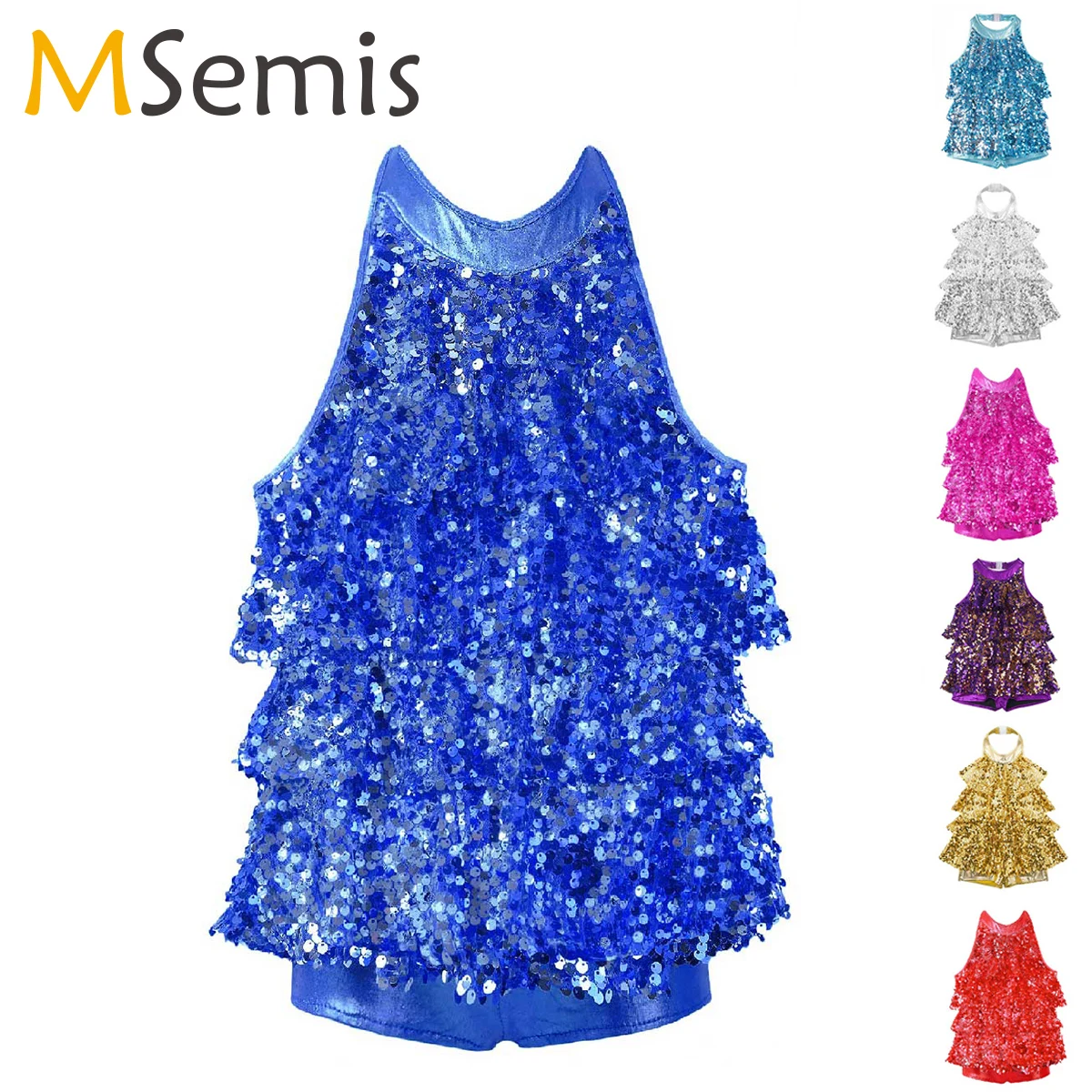 Girls Sequins Jazz Latin Ballet Dance Costume Leotard Jumpsuit Kids Halter Gymnastics Shorty Unitard Stage Performance Dress