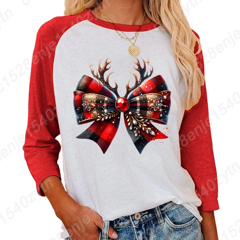 New Christmas Bow Print Three Quarter Sleeve Shirt Women Summer Lovely Seven Sleeves Shirt Casual Ladies Round Neck T Shirt Tops