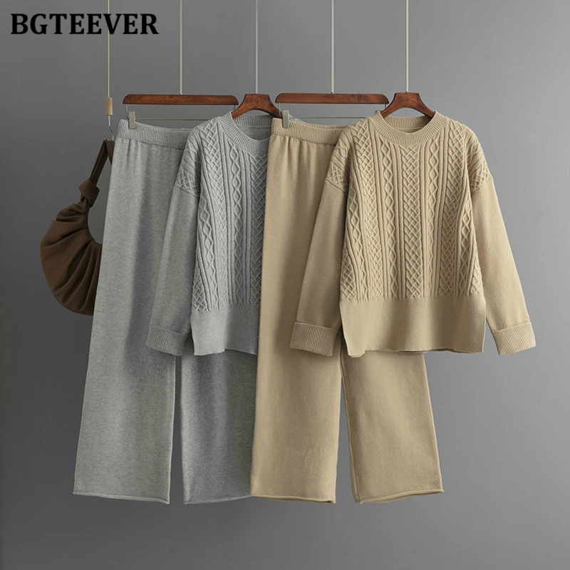 

BGTEEVER Winter Knitted Sweater Set for Women Twisted Pullovers Jumpers & Wide Leg Pants Ladies Sweater Trouser Set