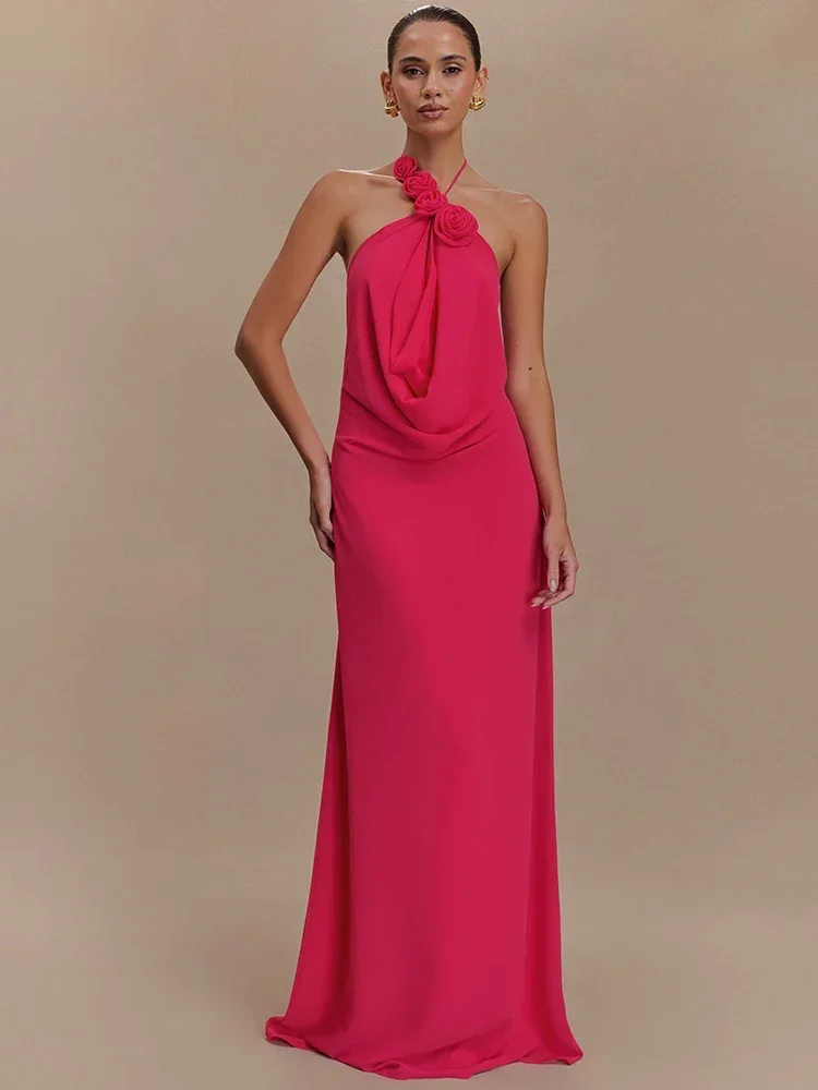 

New Rose Halter Off-shoulder Sexy Maxi Dress Women Rose Red Sleeveless Backless Lace-up High Waist Club Party Long Dress