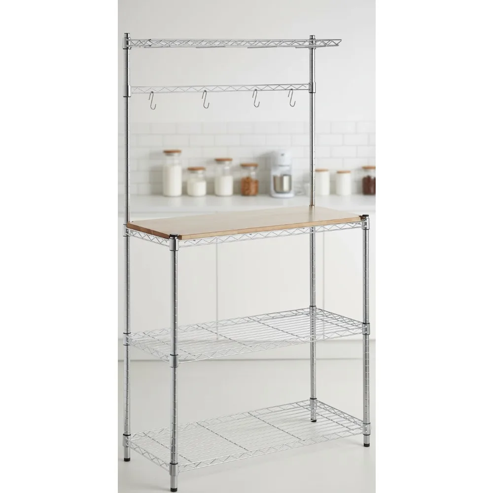

3-Tier Kitchen Storage Rack with Wood Top, Adjustable Shelves, Heavy Duty Bakers Rack for Home Kitchen Organization